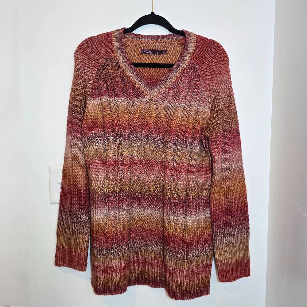 prAna Women’s Rust Brown Ombre Cable Knit Sweater Pullover Large V Neck Boho